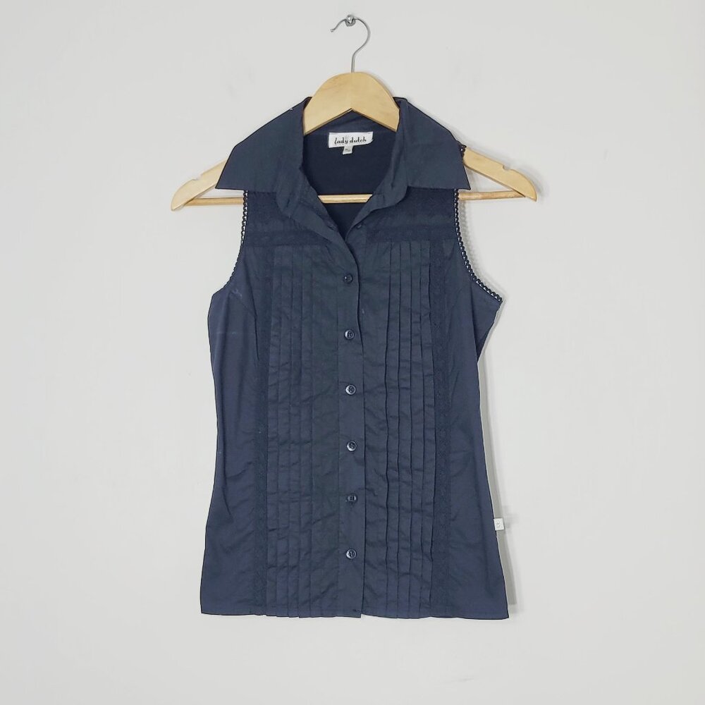 Lady Dutch Black Sleeveless Collar Cotton Blend Button Down Casual Shirt Size XS
